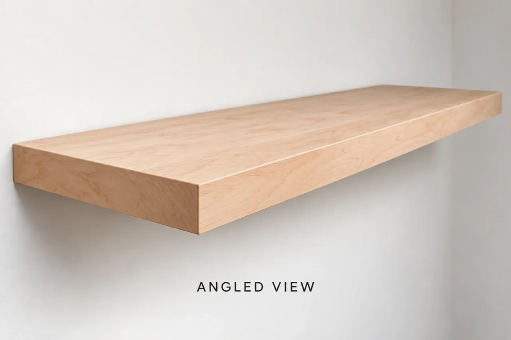 Raw maple floating shelf angled view