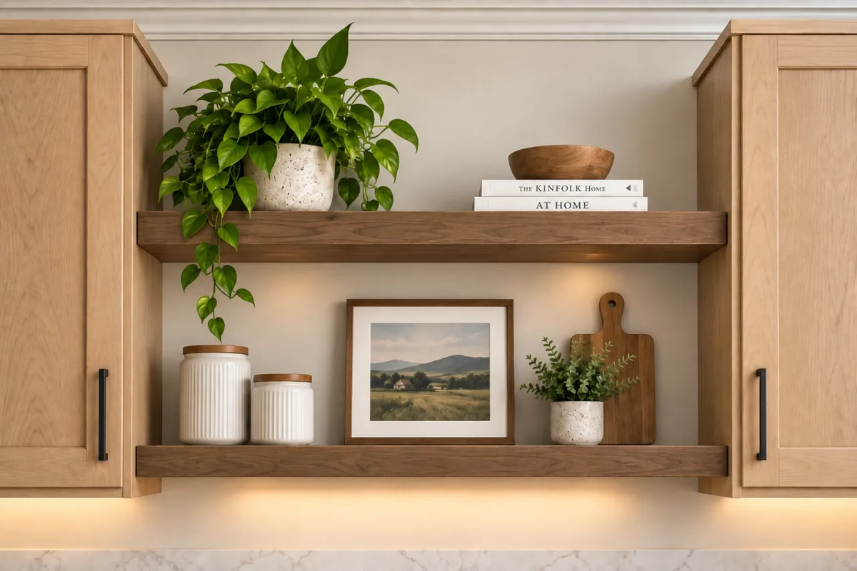 Raw maple floating shelves styled between kitchen cabinets